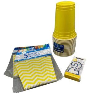 set of 4 party supplies yellow 14 cups one 2 year candle 10 favor boxes READ NEW